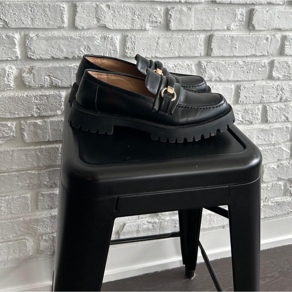 ZARA Black Chunky Loafers with Gold Hardware